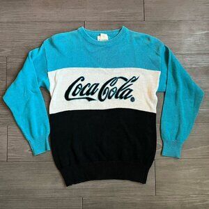 Vintage 90s Coca Cola Sweater Blue Knit Colorblock Crew Pullover Size M